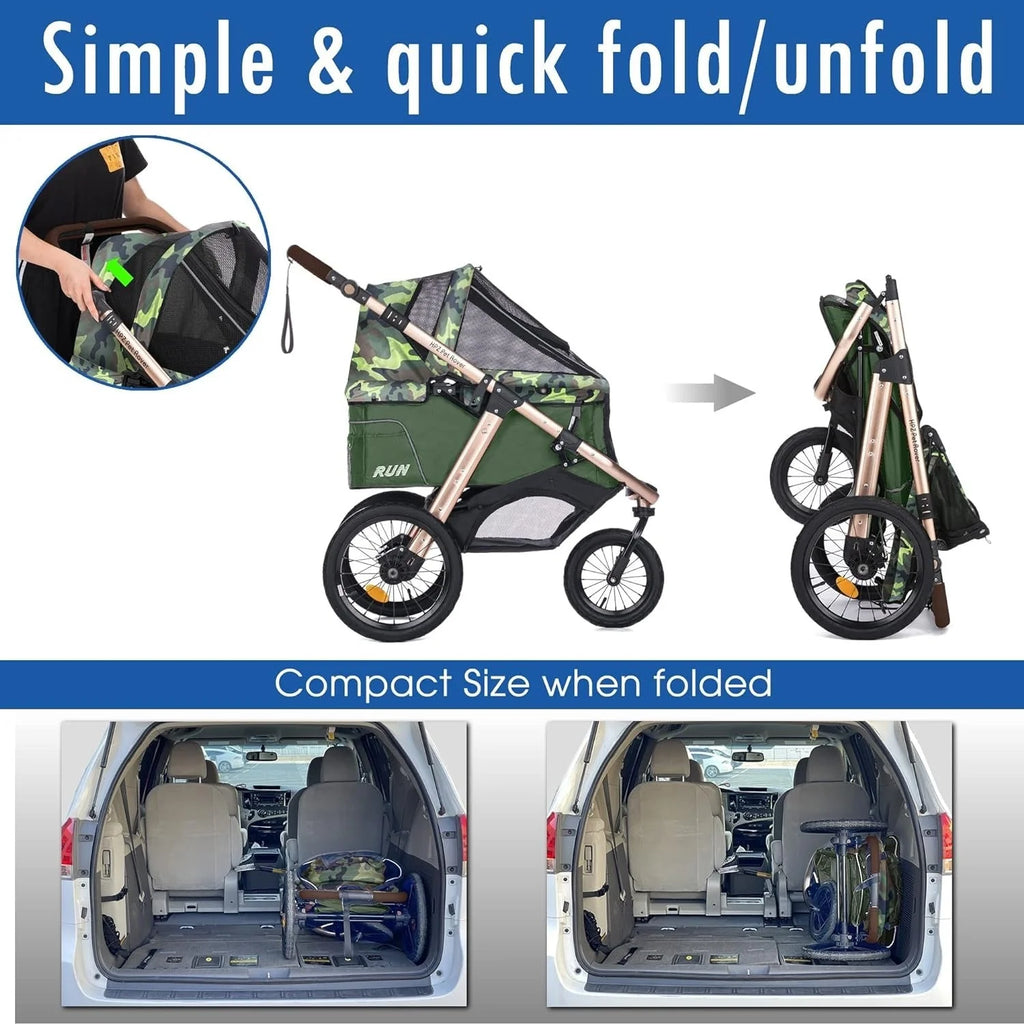 2026 Jogging Sports Stroller with Comfort Rubber Wheels/Zipper-Less Entry/1-Hand Quick Fold/Aluminum Frame for Small/Medium Dogs, Cats and Pets (Green Camo)