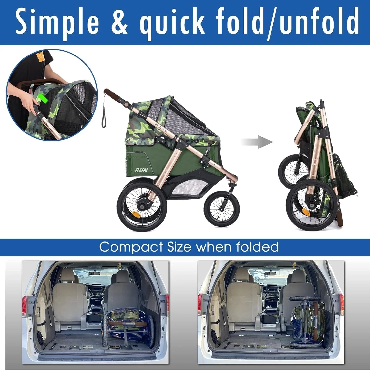 2026 Jogging Sports Stroller with Comfort Rubber Wheels/Zipper-Less Entry/1-Hand Quick Fold/Aluminum Frame for Small/Medium Dogs, Cats and Pets (Green Camo)