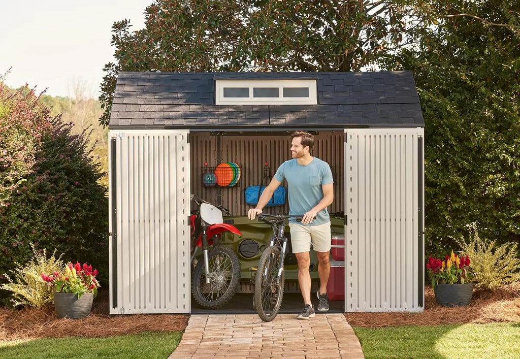 2026 Rubbermaid resin garden shed with floor (2.13 x 2.13 m), weatherproof, grey, for storing garden tools, lawnmowers, bicycles and pool accessories