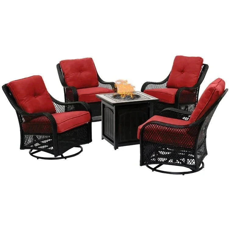 2026 2025 5-piece steel patio fire pit seating set with navy blue cushions, swivel gliders and square fire pit table