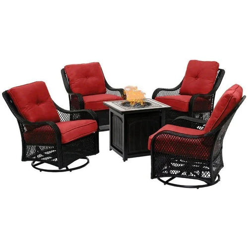 2026 2025 5-piece steel patio fire pit seating set with navy blue cushions, swivel gliders and square fire pit table