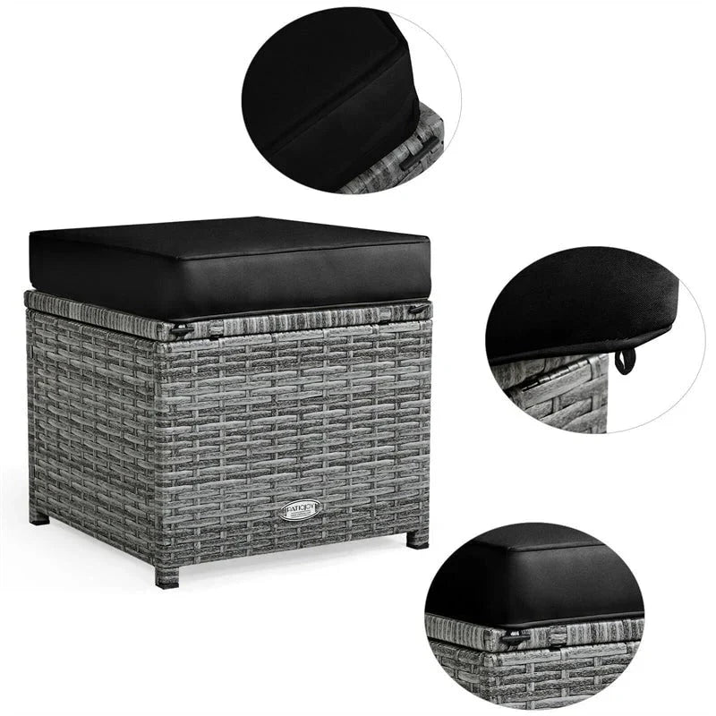 2026 7 Pcs Rattan Patio Dining Furniture Sectional Sofa Set with Dining Table, Ottomans & Cushions
