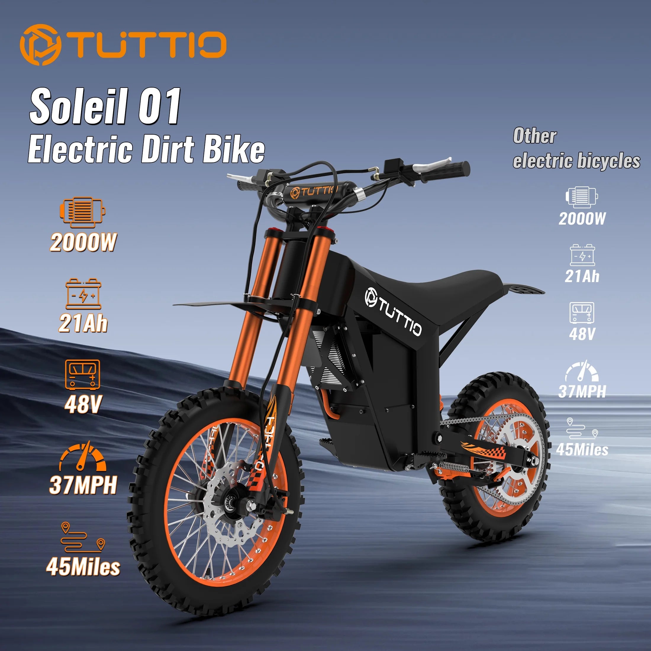 2026 TUTTIO Soleil01 Adult Electric Dirt Bike (with Branded Helmet), 2000W, 48V 21Ah Battery, 37Mph Full Suspension Mountain E-Bike, 200Nm Torque All-Terrain Electric Motorcycle