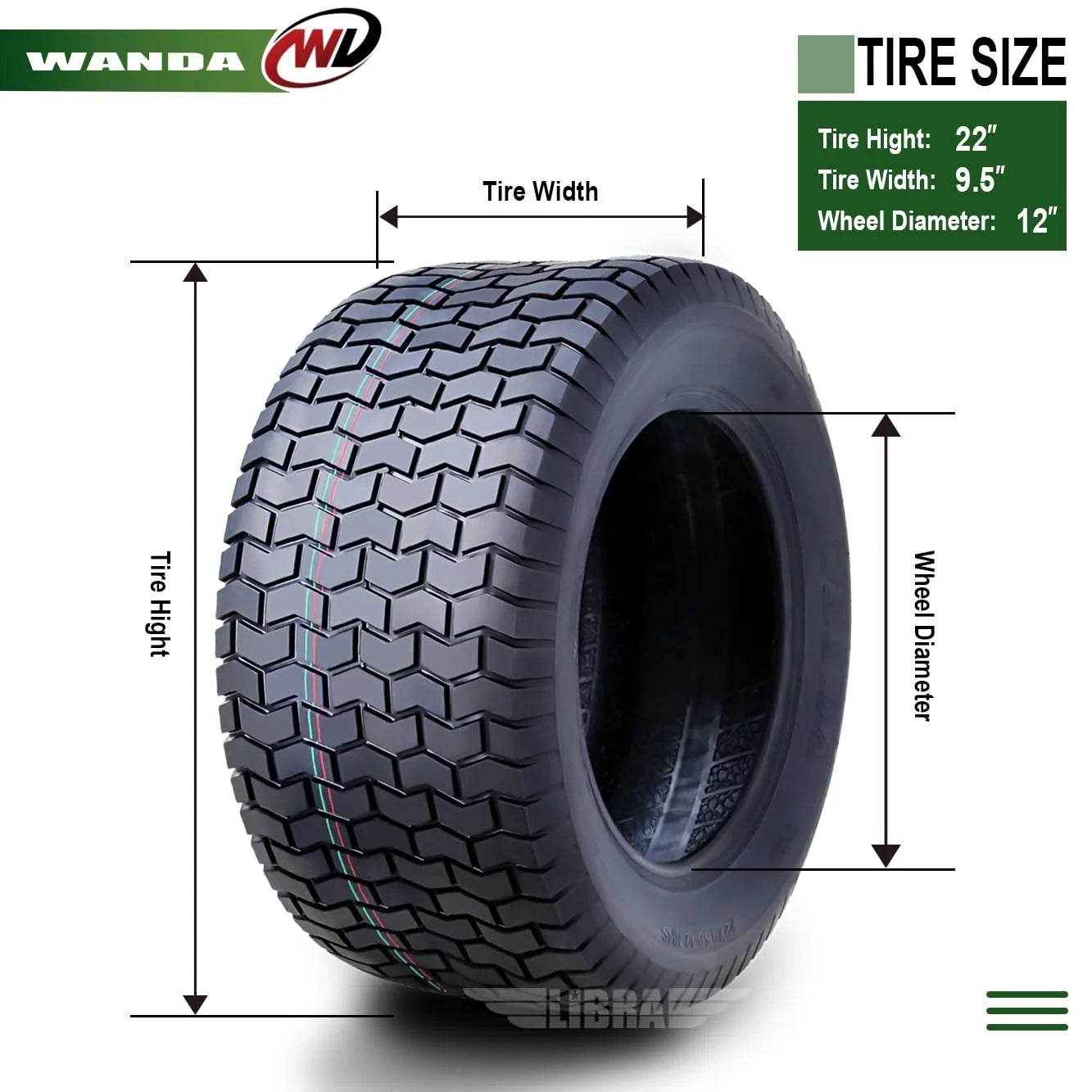 2026 WANDA 22X9.5-12 Lawn Mower Tractor Cart Turf Tire 4 Ply 22x9.5x12-13135