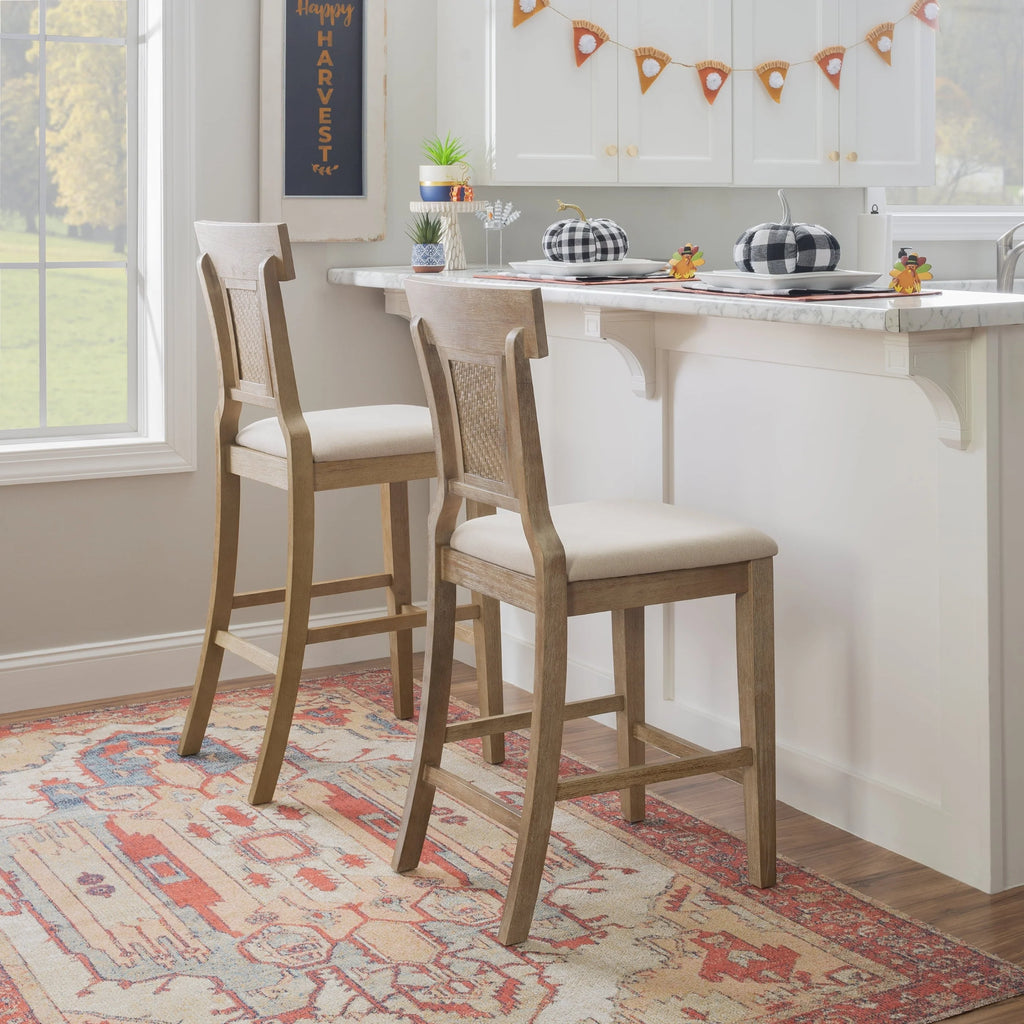 2026 Linon Rylan 30" Bar Stool, Rustic Brown Finish with Beige Fabric
