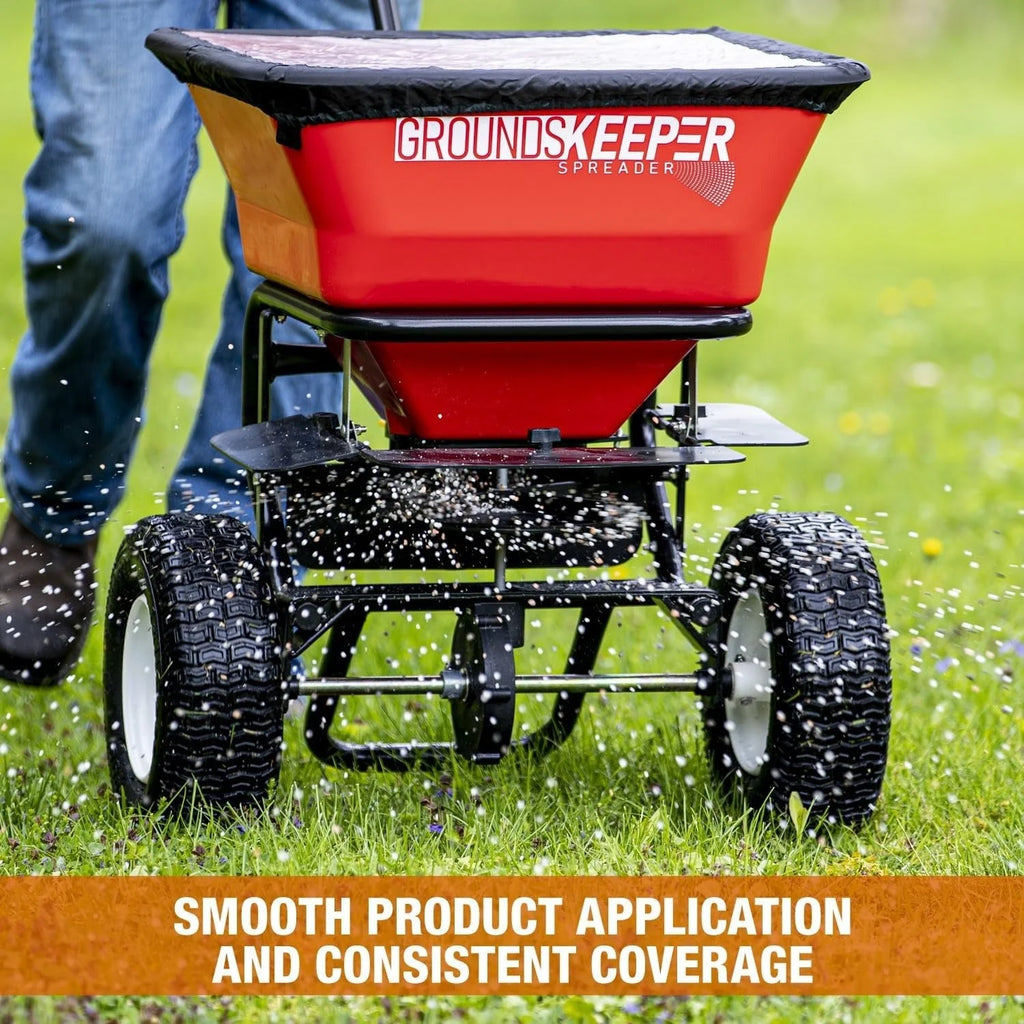 2026 Multi-purpose push-along spreader, 100 lb capacity, versatile tool for lawn seed, salt, de-icer, fertilizer and seeds