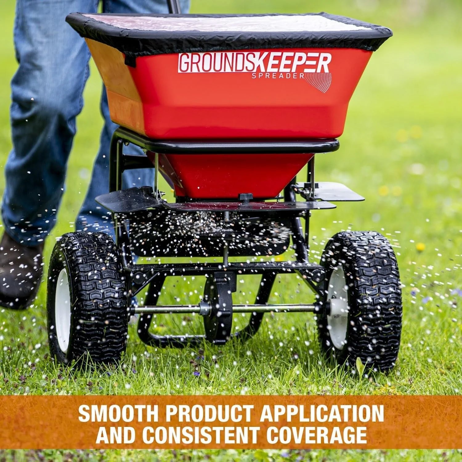 2026 Multi-purpose push-along spreader, 100 lb capacity, versatile tool for lawn seed, salt, de-icer, fertilizer and seeds