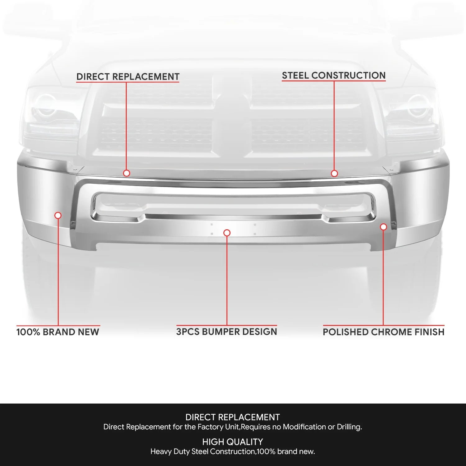 Modular Style Front Bumper w/o Fog Light Cutouts10-18 Dodge Ram 2500 3500