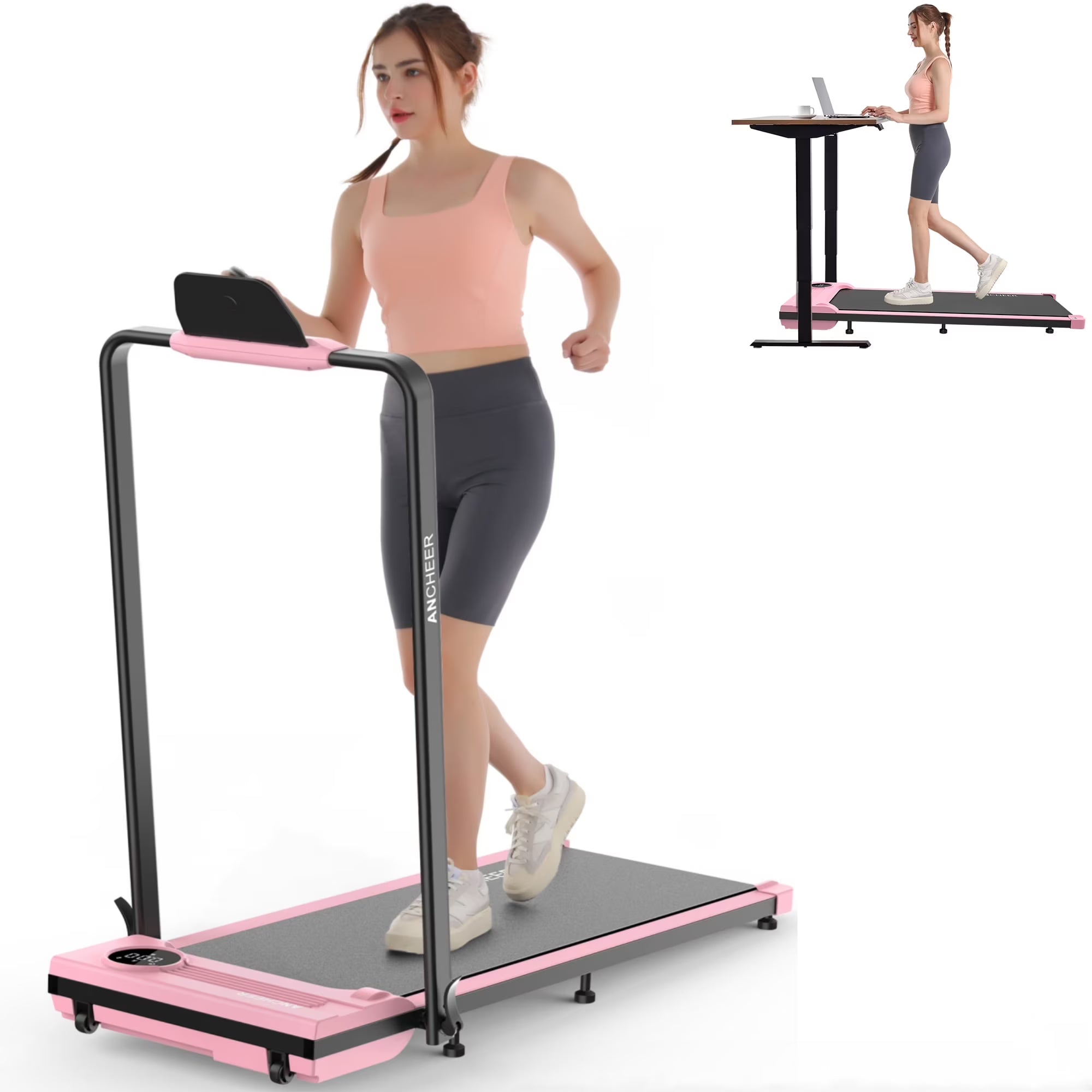 2026 ANCHEER Portable Folding Walking Pad 300lb, 7.5 MPH Under Desk Treadmill with Remote Control & LED Display,2 in 1 Walking Pad Treadmill for Home/Office/Exercise(Pink)