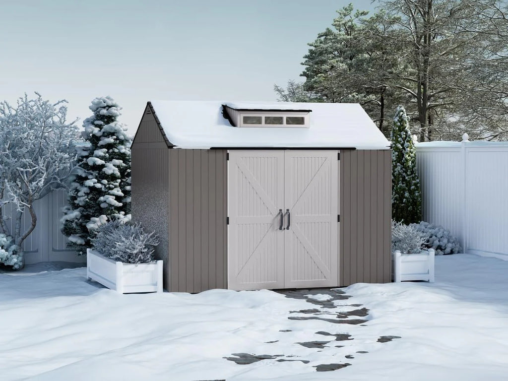 2026 Rubbermaid resin garden shed with floor (2.13 x 2.13 m), weatherproof, grey, for storing garden tools, lawnmowers, bicycles and pool accessories