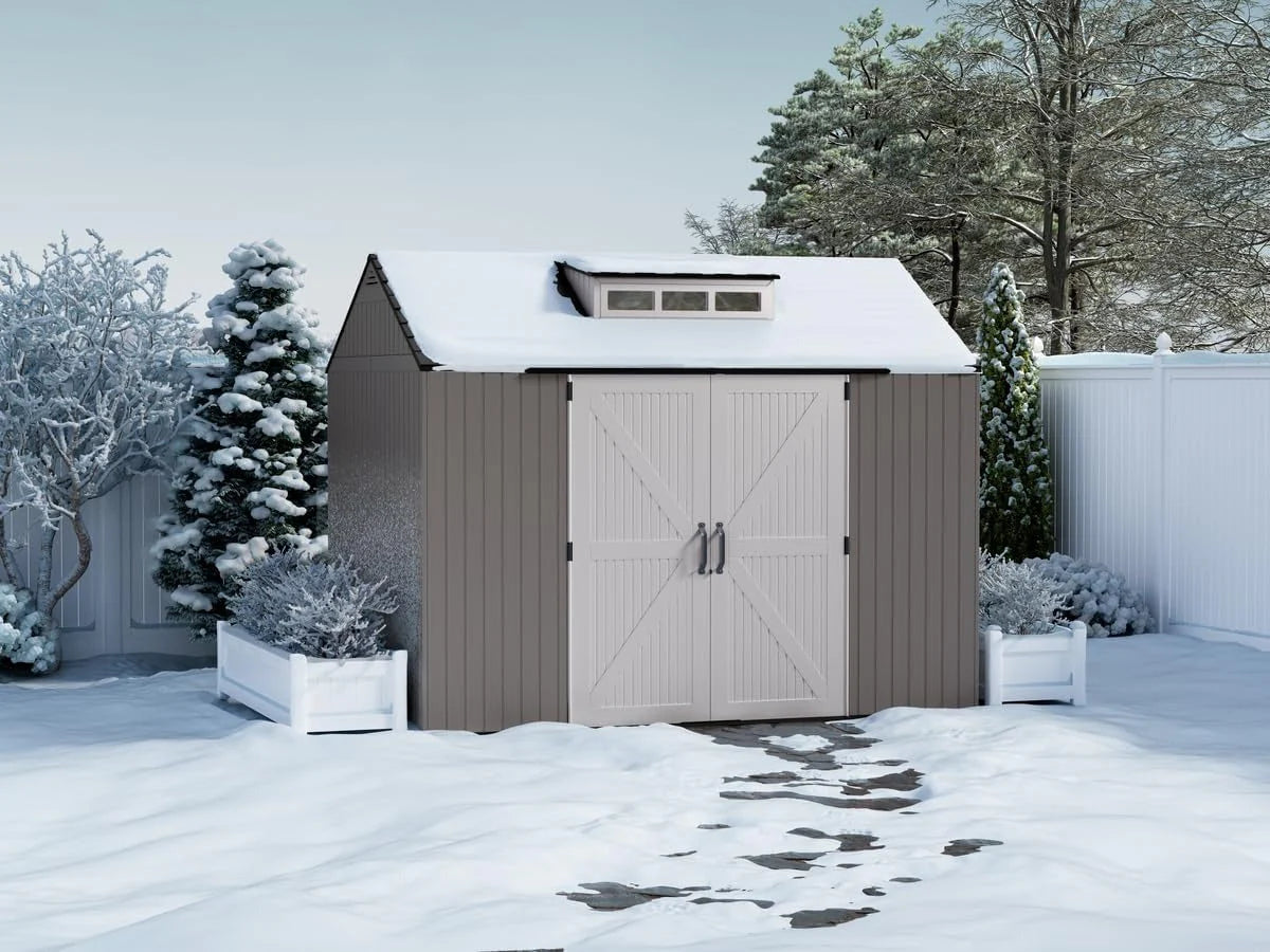 2026 Rubbermaid resin garden shed with floor (2.13 x 2.13 m), weatherproof, grey, for storing garden tools, lawnmowers, bicycles and pool accessories