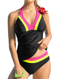 ZAFUL Tankini Swimsuits for Women Tummy Control Halter Neck Mid Waist Ruched Color Block Two Piece Bathing Suits Swimwear