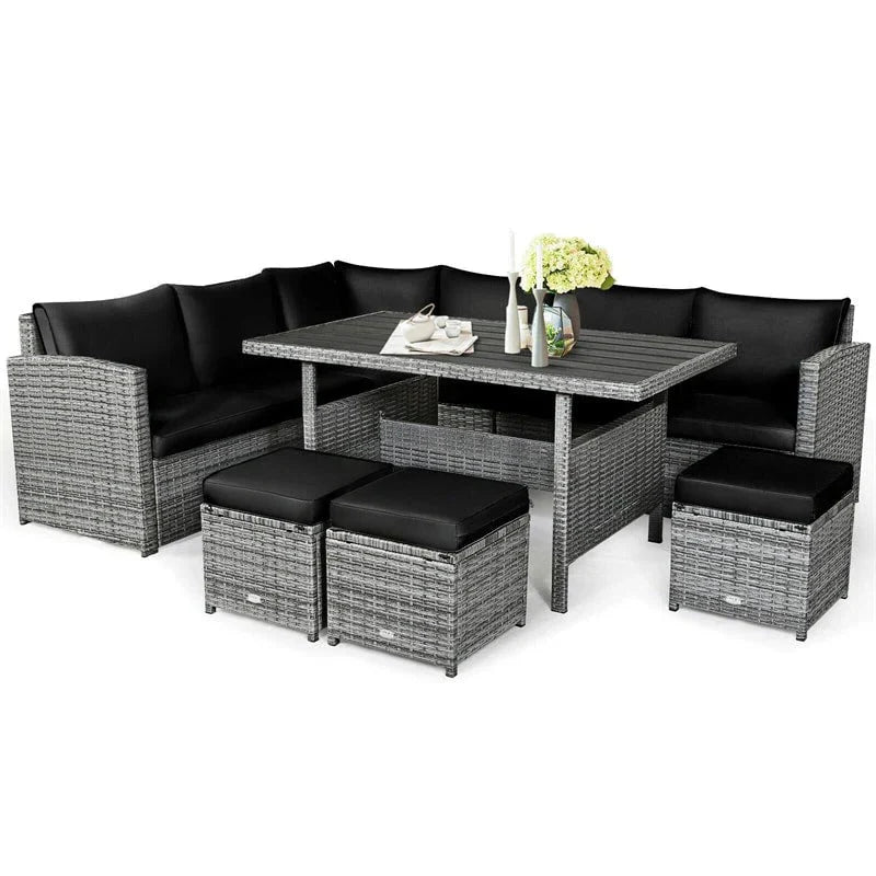 2026 7 Pcs Rattan Patio Dining Furniture Sectional Sofa Set with Dining Table, Ottomans & Cushions