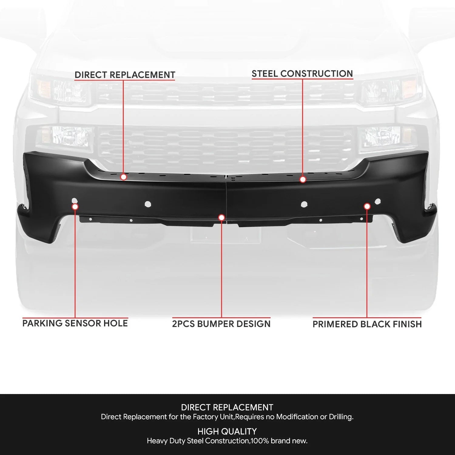 Modular Style Front Bumper w/ Parking Sensor Holes 19-21 Chevy Silverado 1500, 2022 LTD
