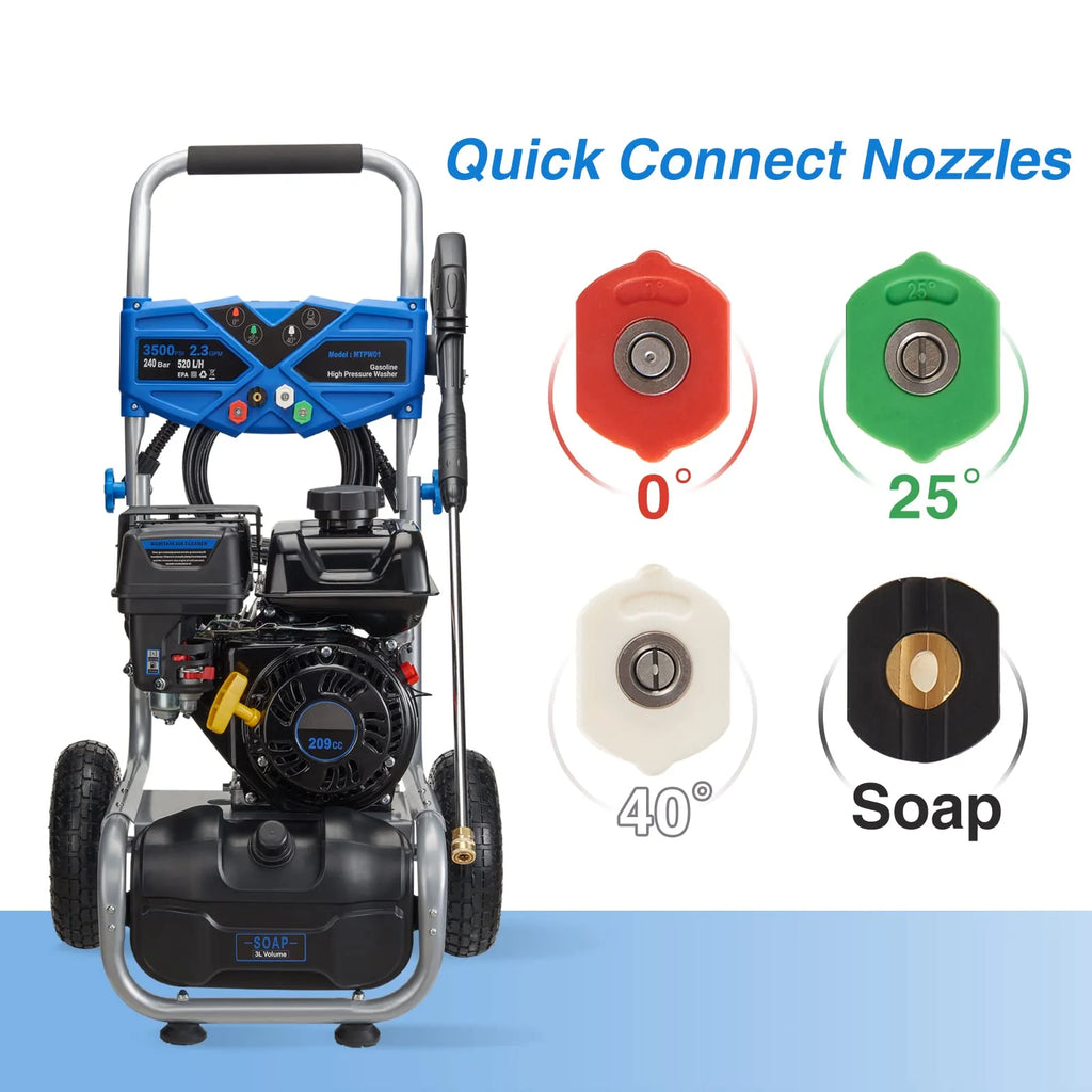 2026 Efurden 3500PSI Gas Pressure Washer, 2.3GPM Gas Powered High Pressure Clean Machine with 209CC Engine, 4 Adjustable Nozzles for Cleaning Walls, Terraces, Vehicles, Gardens (Blue)