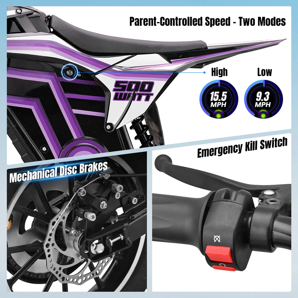 2026 QEASET electric dirt bike, 500W kids dirt bike for Boys Girls Age 8-14, Blue