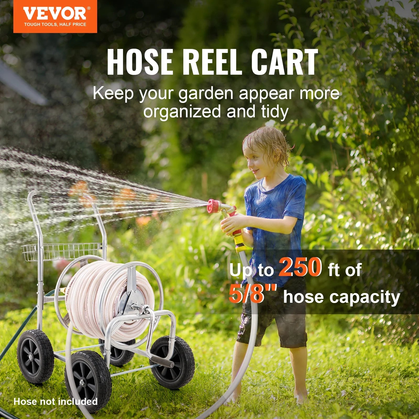 2026 VEVOR Hose Reel Cart, Hold Up to 250 ft of 5/8???? Hose, Garden Water Hose Carts Mobile Tools with 4 Wheels, Heavy Duty Powder-coated Steel Outdoor Planting with Storage Basket, for Garden, Yard, Lawn