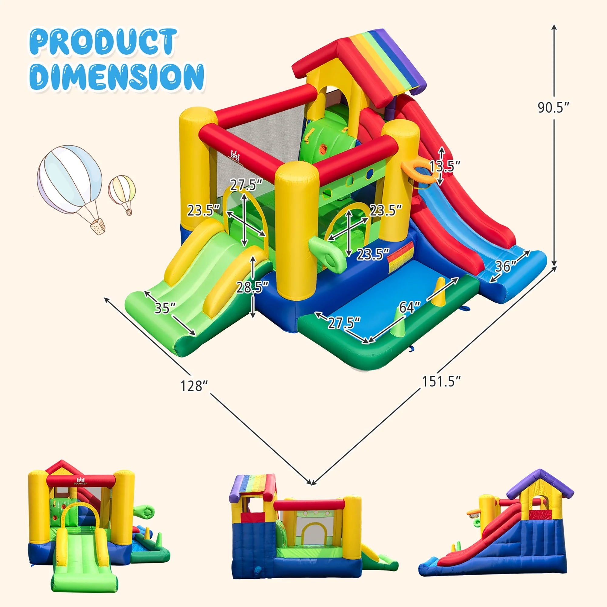 2026 Costway Colorful Rainbow Kids Inflatable Bounce Castle with 50 Ocean Balls & 735W Blower