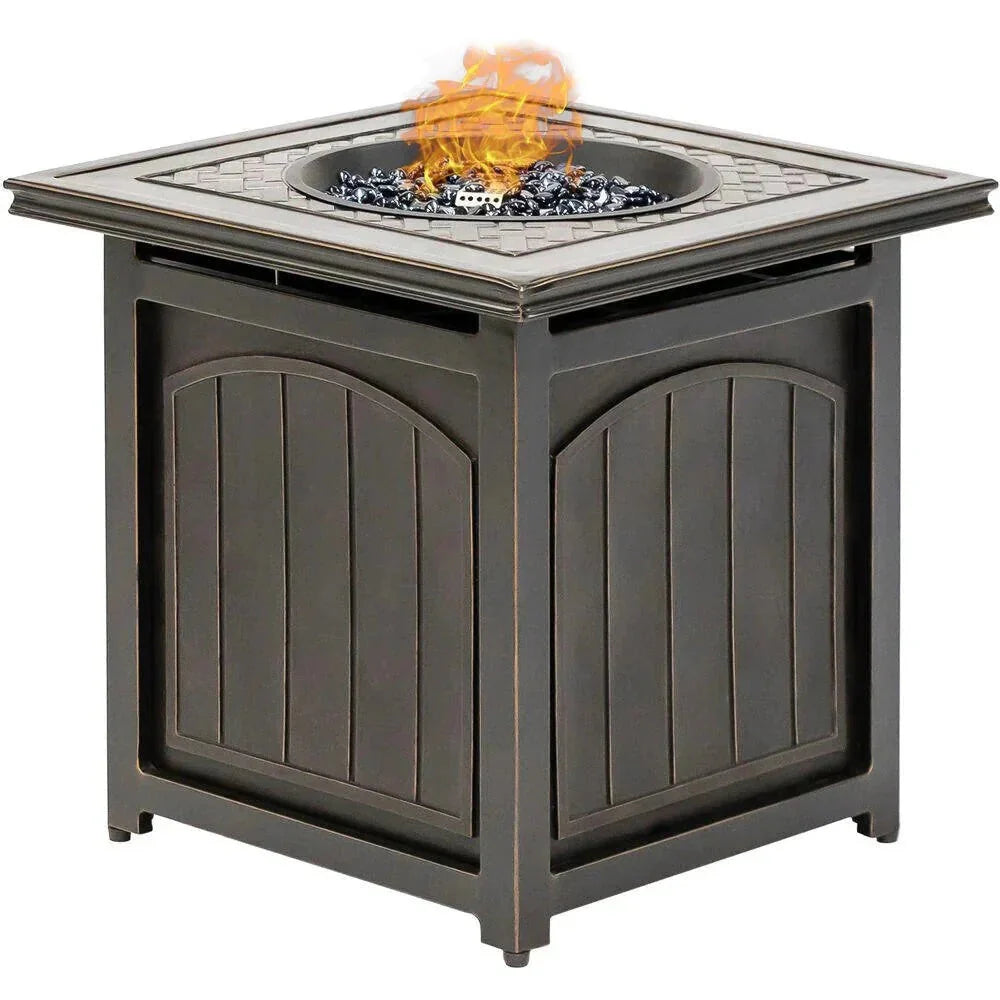 2026 2025 5-piece steel patio fire pit seating set with navy blue cushions, swivel gliders and square fire pit table