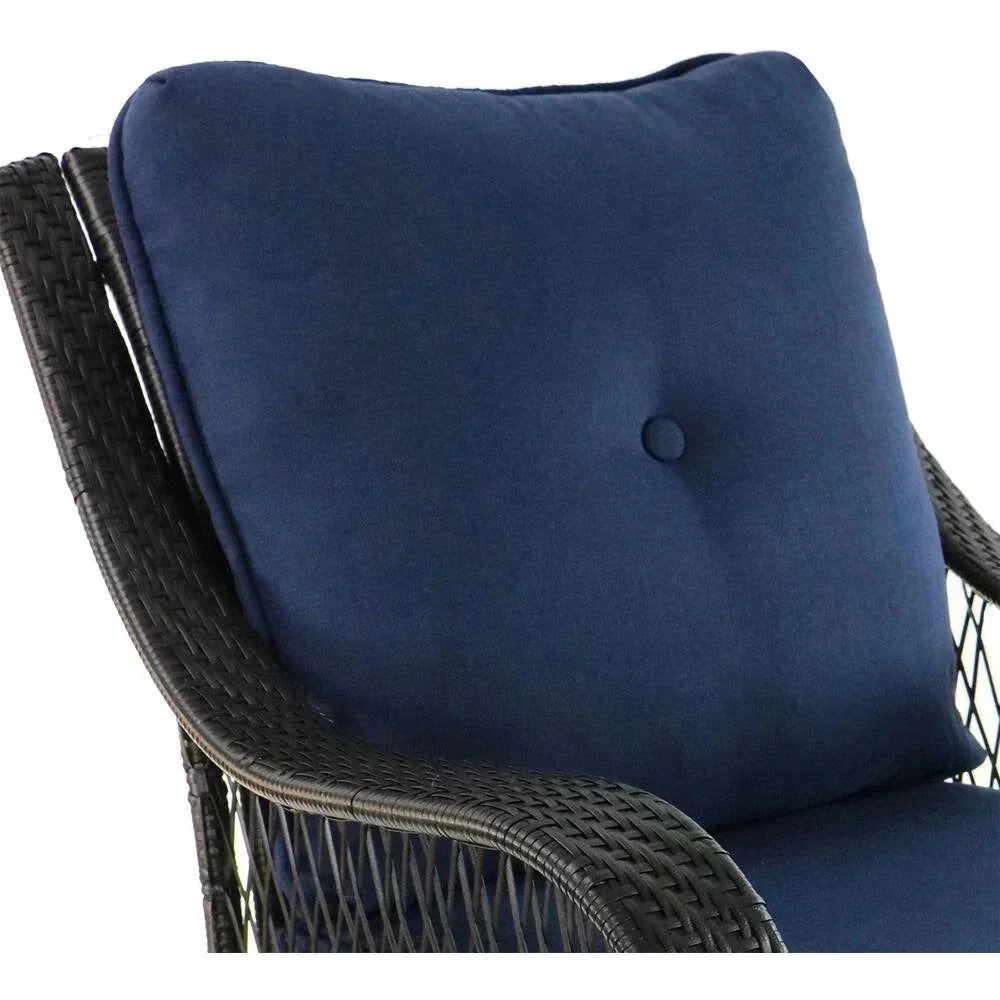 2026 2025 5-piece steel patio fire pit seating set with navy blue cushions, swivel gliders and square fire pit table