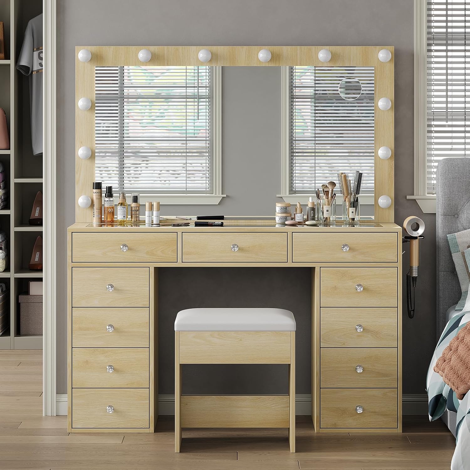 2026 New YANOSAKU Vanity Desk with Mirror, LED Lights & 11 Drawers