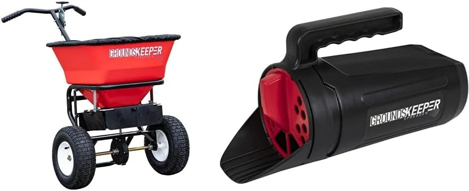 2026 Multi-purpose push-along spreader, 100 lb capacity, versatile tool for lawn seed, salt, de-icer, fertilizer and seeds