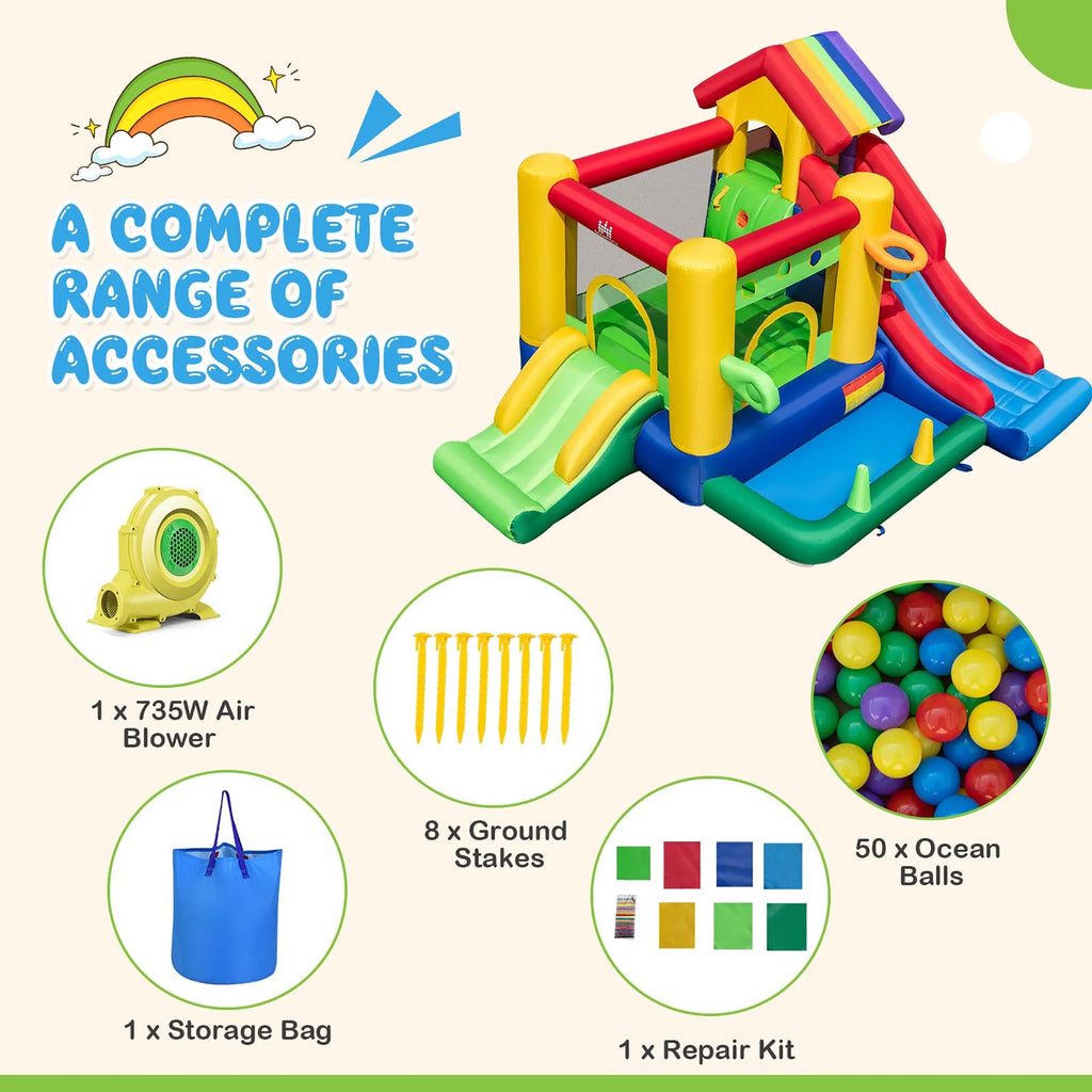 2026 Costway Colorful Rainbow Kids Inflatable Bounce Castle with 50 Ocean Balls & 735W Blower