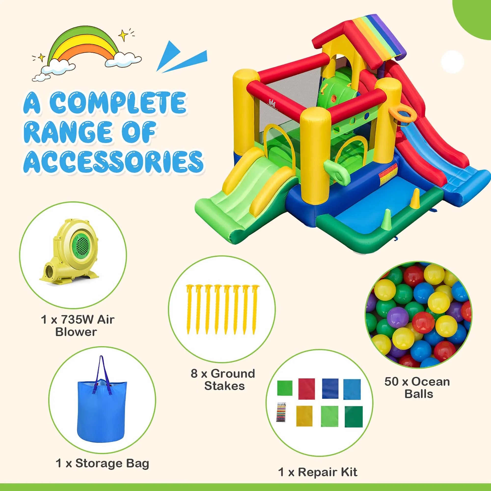 2026 Costway Colorful Rainbow Kids Inflatable Bounce Castle with 50 Ocean Balls & 735W Blower