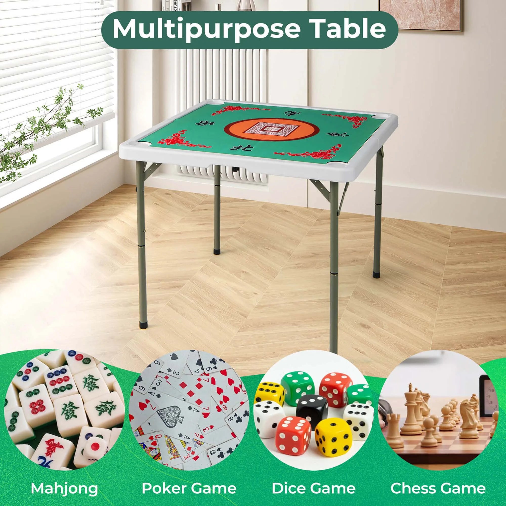 2026 Costway 35" Folding Mahjong Table with Cup Holders & Smooth Felt Mat Carrying Handle Green