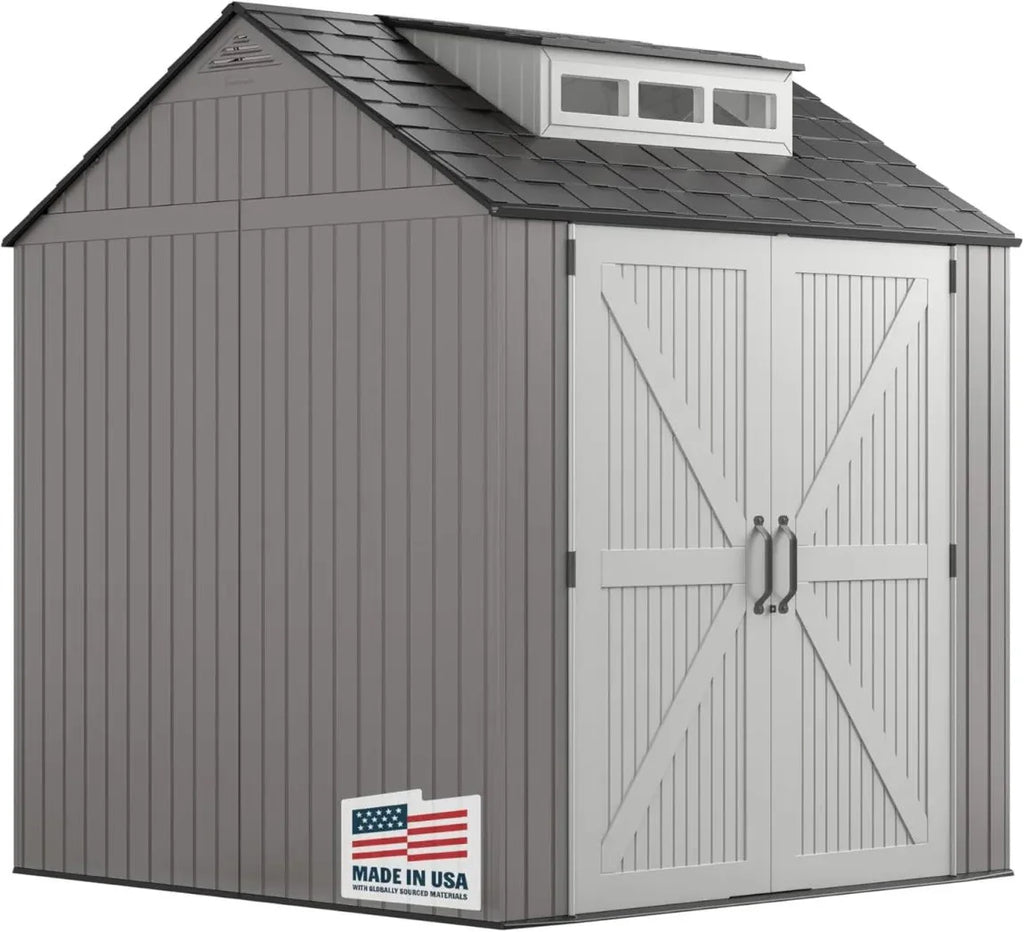 2026 Rubbermaid resin garden shed with floor (2.13 x 2.13 m), weatherproof, grey, for storing garden tools, lawnmowers, bicycles and pool accessories