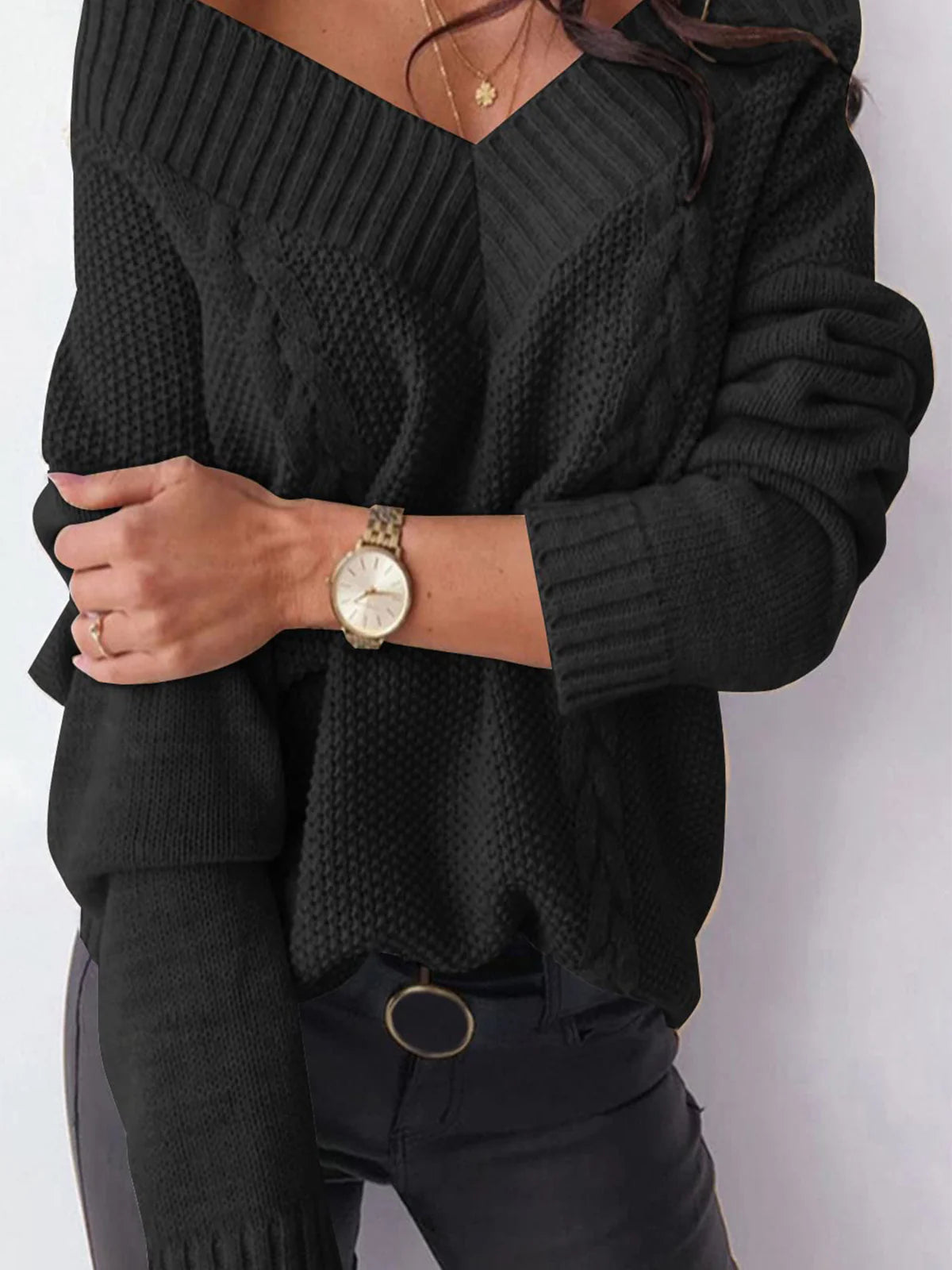 2026 Deep V-Neck Cable Knit Sweater