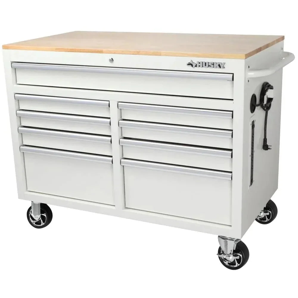 2026 Mobile workbench with 9 drawers, hardwood top and power connection, 117 cm W x 62 cm D – high-gloss black