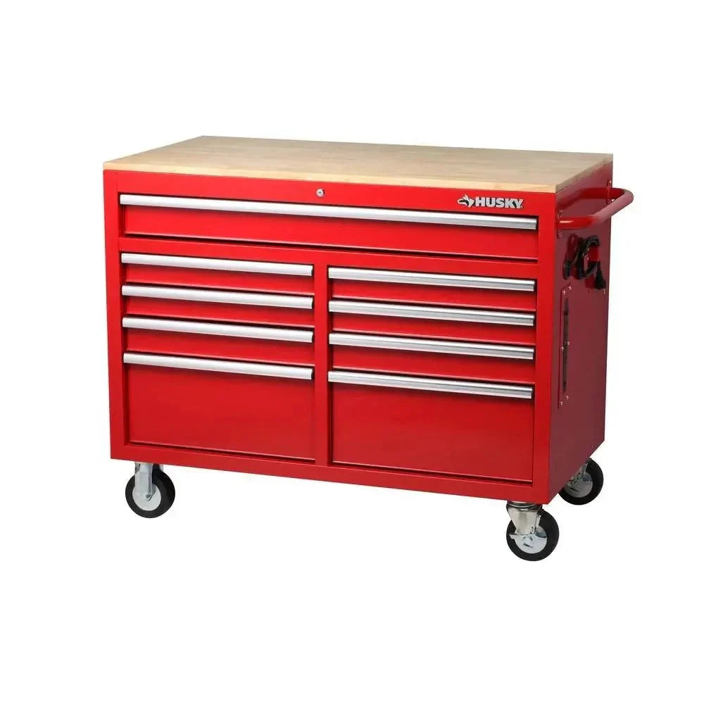 2026 Mobile workbench with 9 drawers, hardwood top and power connection, 117 cm W x 62 cm D – high-gloss black