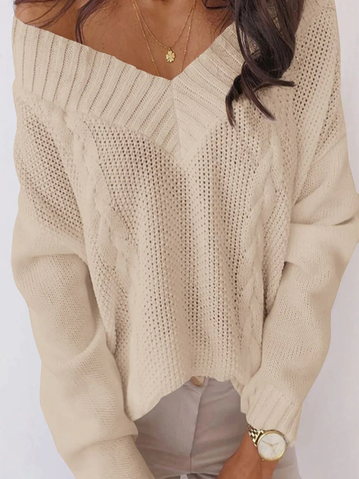 2026 Deep V-Neck Cable Knit Sweater