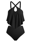 ZAFUL Women's Two Piece Swimsuit Bathing Suit Ruffled Front Keyhole High Waisted Swimwear