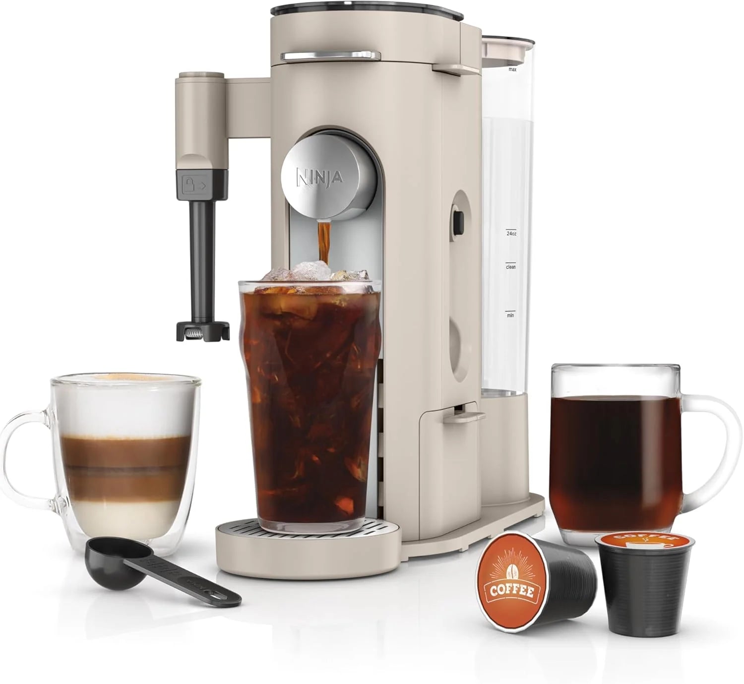 2026 Ninja Pods & Grounds Single-Serve Coffee Maker, K-Cup Pod Compatible, Brews Grounds, Compact Design, 56-oz. Reservoir, 6-oz. Cup to 24-oz. Travel Mug Brew Sizes, Iced Coffee Maker, Stone, PB041ST