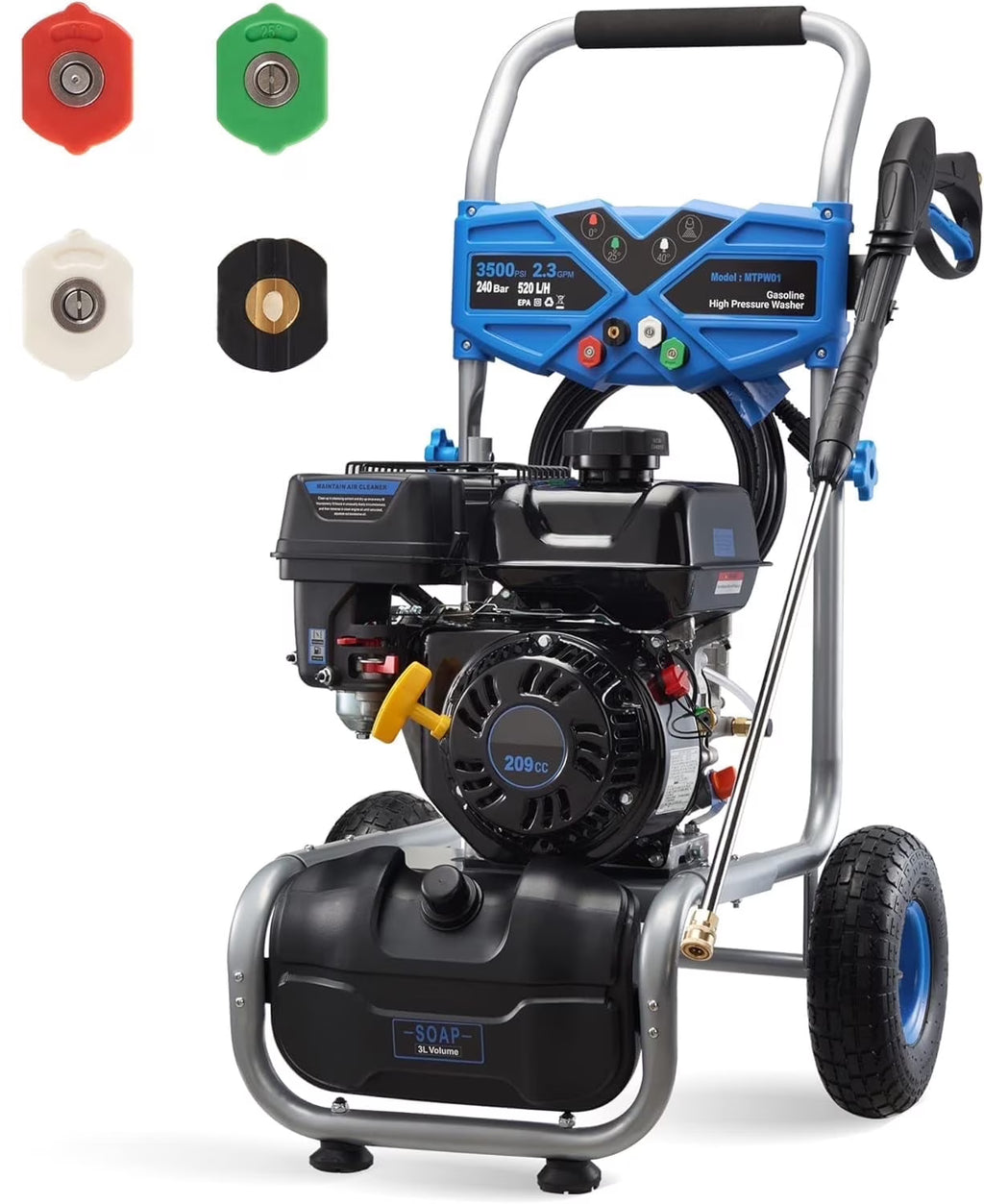 2026 Efurden 3500PSI Gas Pressure Washer, 2.3GPM Gas Powered High Pressure Clean Machine with 209CC Engine, 4 Adjustable Nozzles for Cleaning Walls, Terraces, Vehicles, Gardens (Blue)
