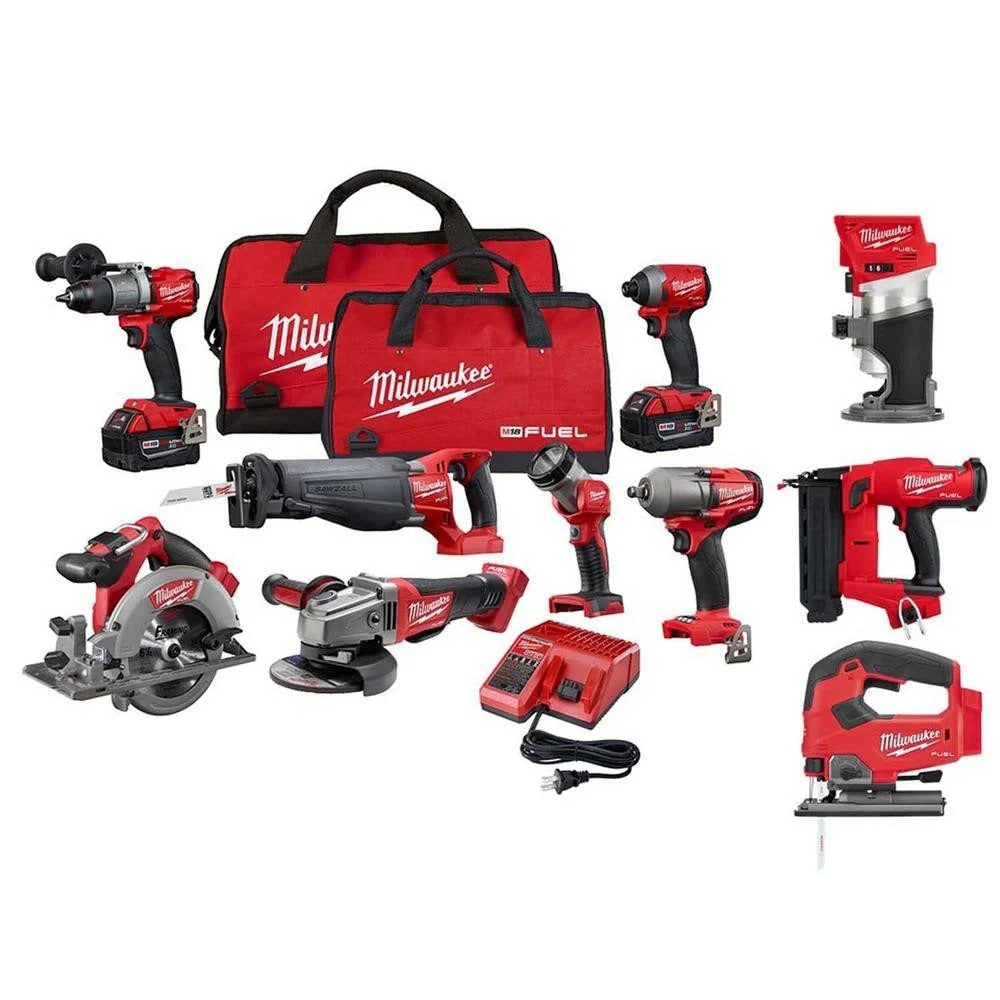 2026 Milwaukee M18 FUEL 18-Volt Lithium-Ion Battery Combo Set (10-piece) with brushless motor, 2025, including 2 x 5.0 Ah batteries, charger and 2 tool bags.