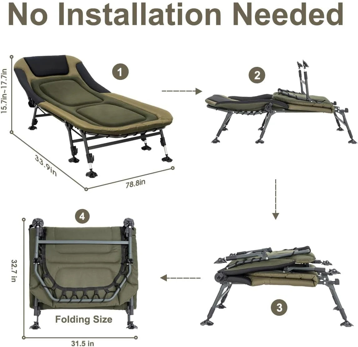 2026 Camping Cots for Adults 330Lbs with Carry Bag, Heavy Duty Folding Bed with Soft Padded Cushion, Portable Military Cot for Hunting, 180° Adjustable Reclining Outdoor Lounger