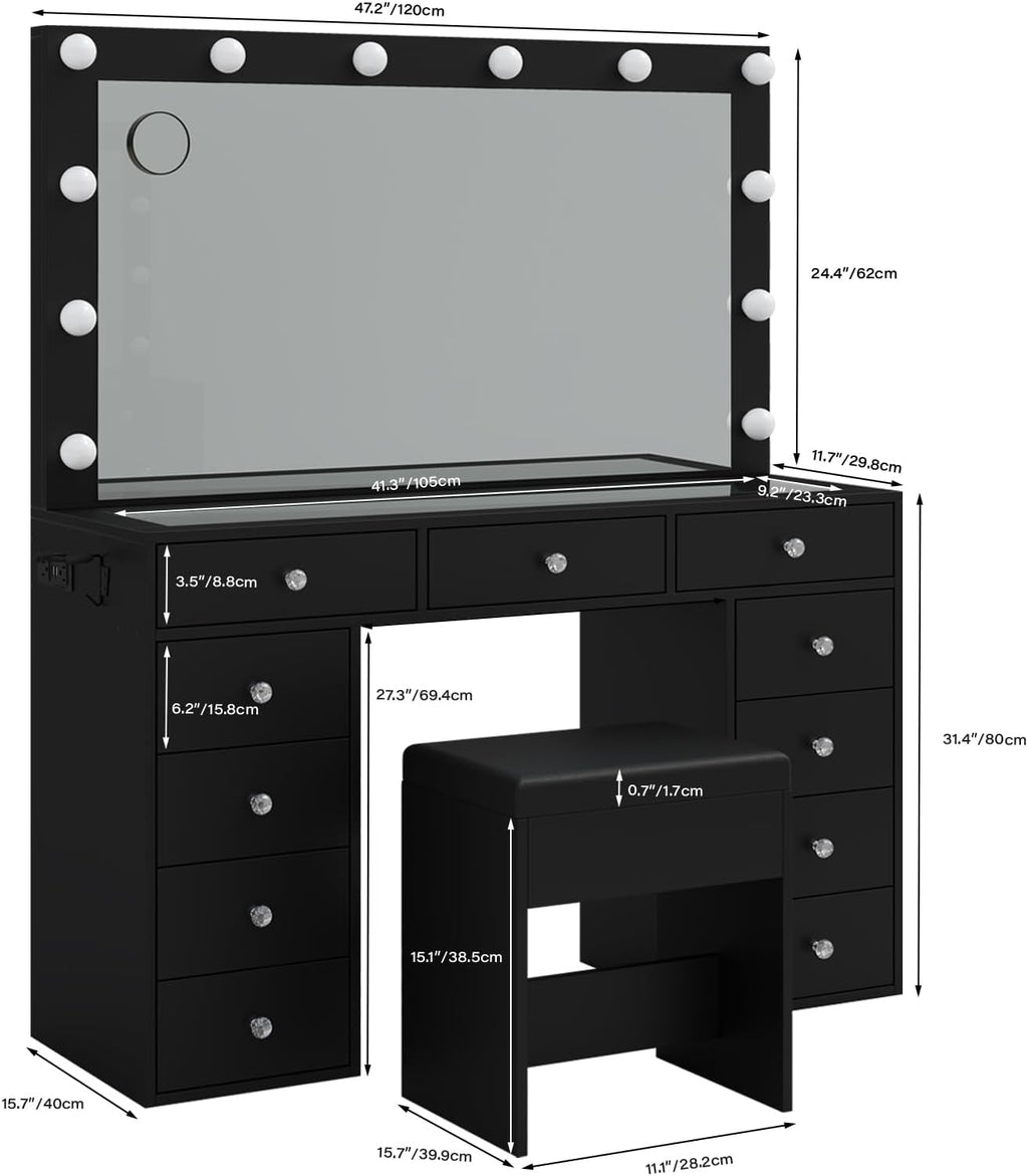 2026 New YANOSAKU Vanity Desk with Mirror, LED Lights & 11 Drawers