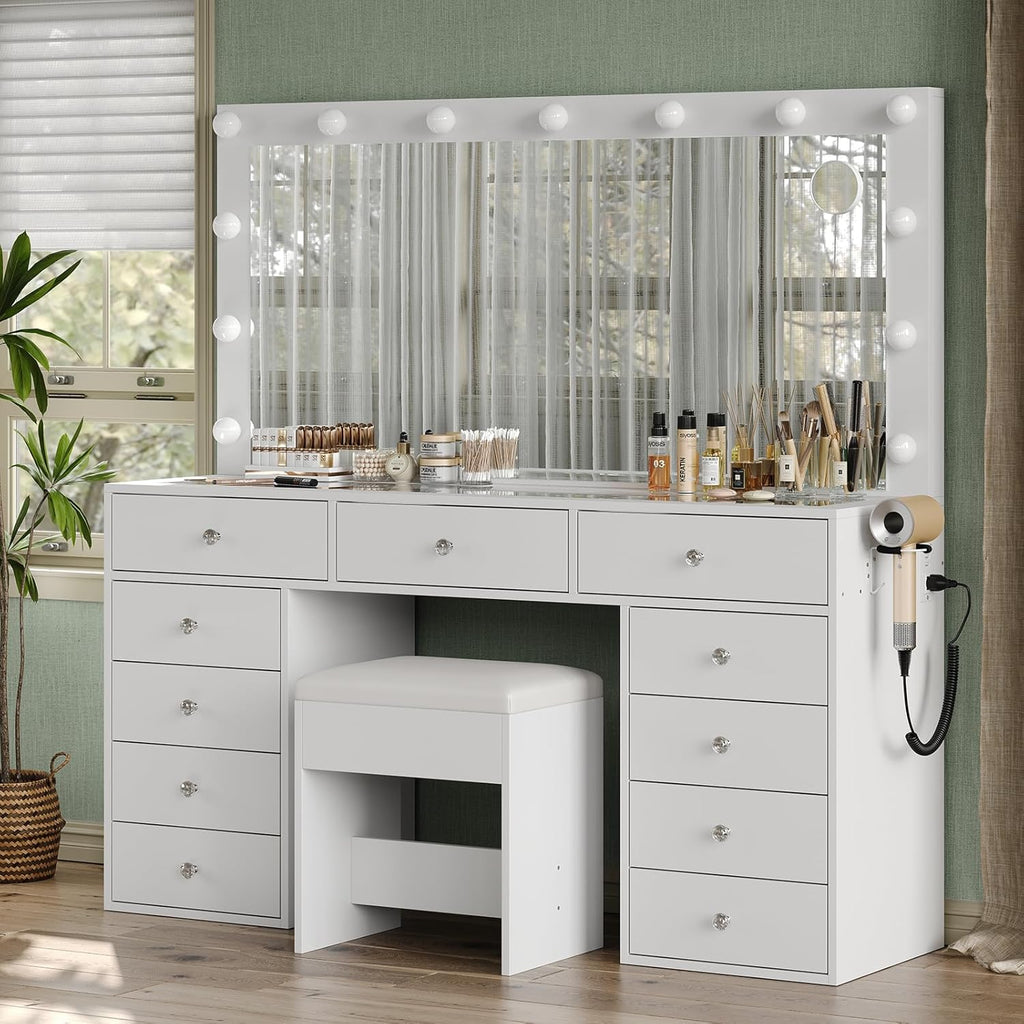 2026 New YANOSAKU Vanity Desk with Mirror, LED Lights & 11 Drawers