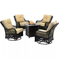 2026 2025 5-piece steel patio fire pit seating set with navy blue cushions, swivel gliders and square fire pit table