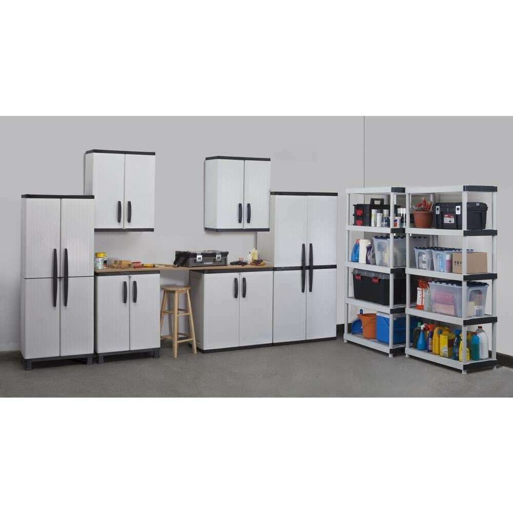 2026 HDX Gray Plastic Freestanding Garage Cabinet, 35′′W x 71′′H x 18′′D, with Adjustable Shelves and Lockable Doors