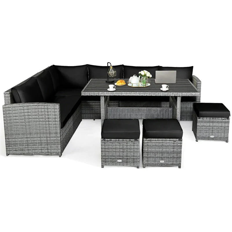 2026 7 Pcs Rattan Patio Dining Furniture Sectional Sofa Set with Dining Table, Ottomans & Cushions