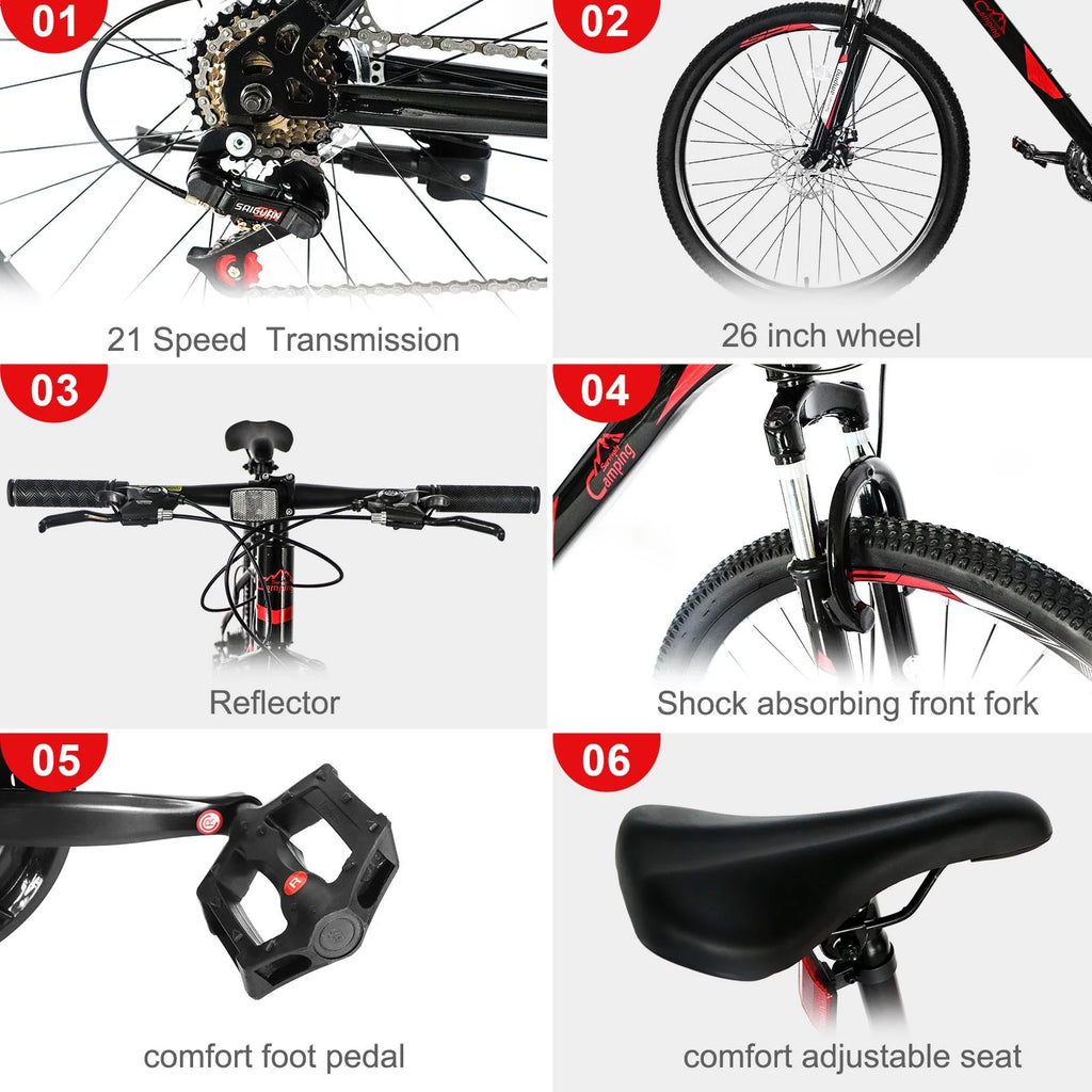 2026 CamPingSurvivals 26" Lightweight Explorer Mountain Bike, for Men and Women Exercise Fitness, 21-Speed, Red/Black