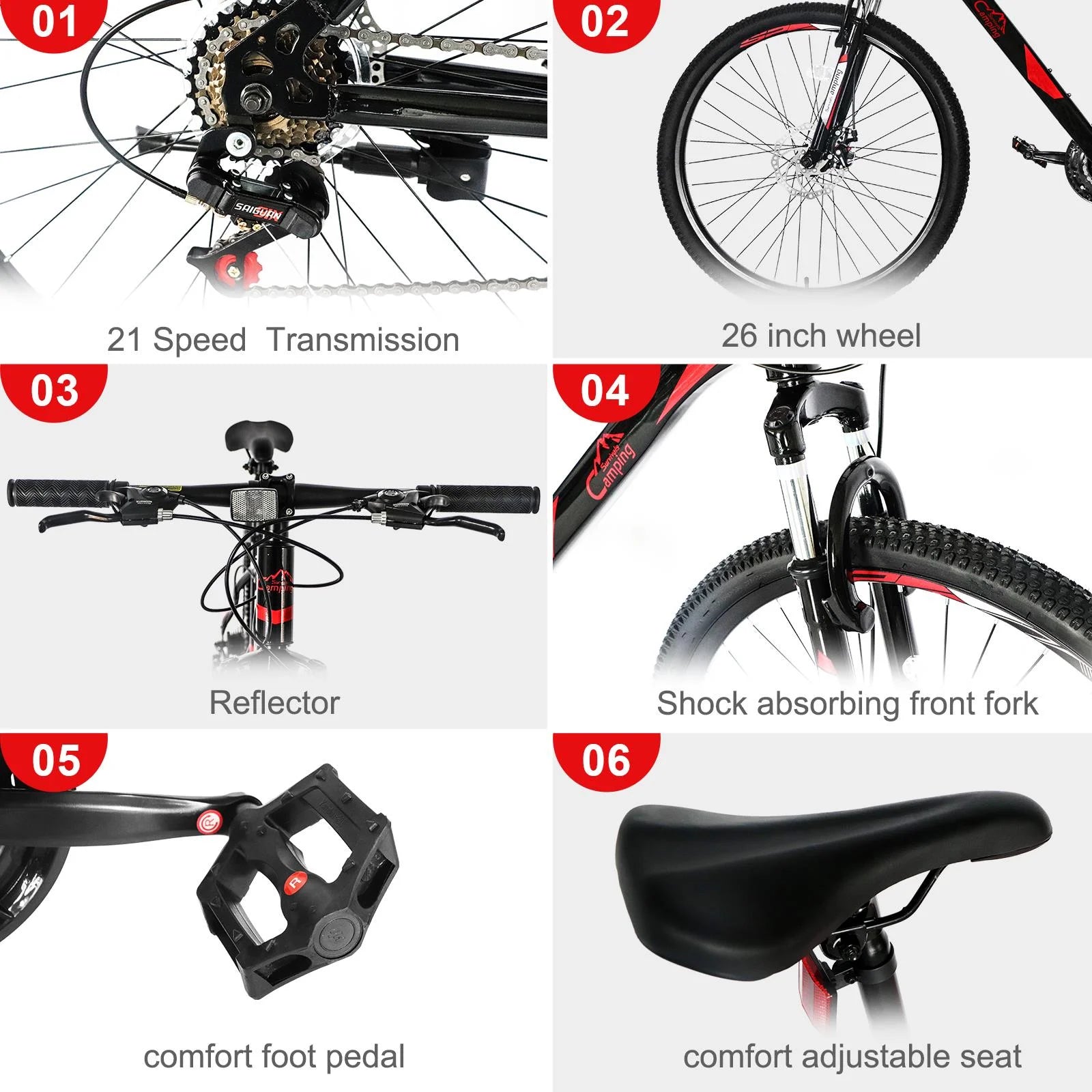 2026 CamPingSurvivals 26" Lightweight Explorer Mountain Bike, for Men and Women Exercise Fitness, 21-Speed, Red/Black
