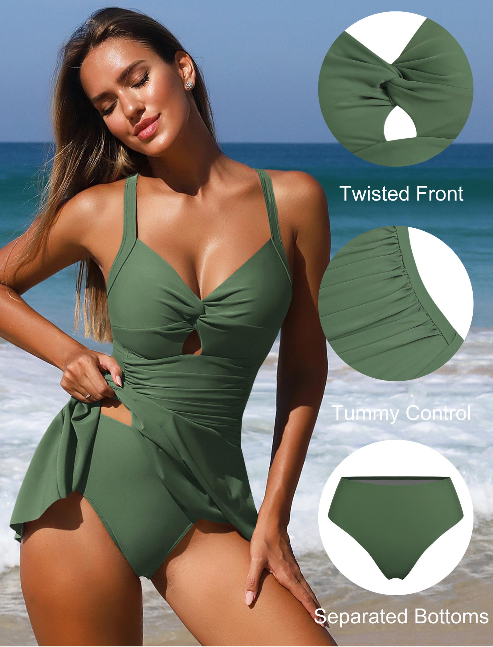 ZAFUL Women's Tankini Bathing Suits Swimsuit Tummy Control Two Piece Swim Dress Cut Out Twist with Bikini Bottoms