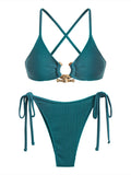 ZAFUL Women's Bikini Sets Ribbed Metal O Ring Criss Cross Two Piece Swimsuit Cheeky High Cut Side Tie Thong Bathing Suit