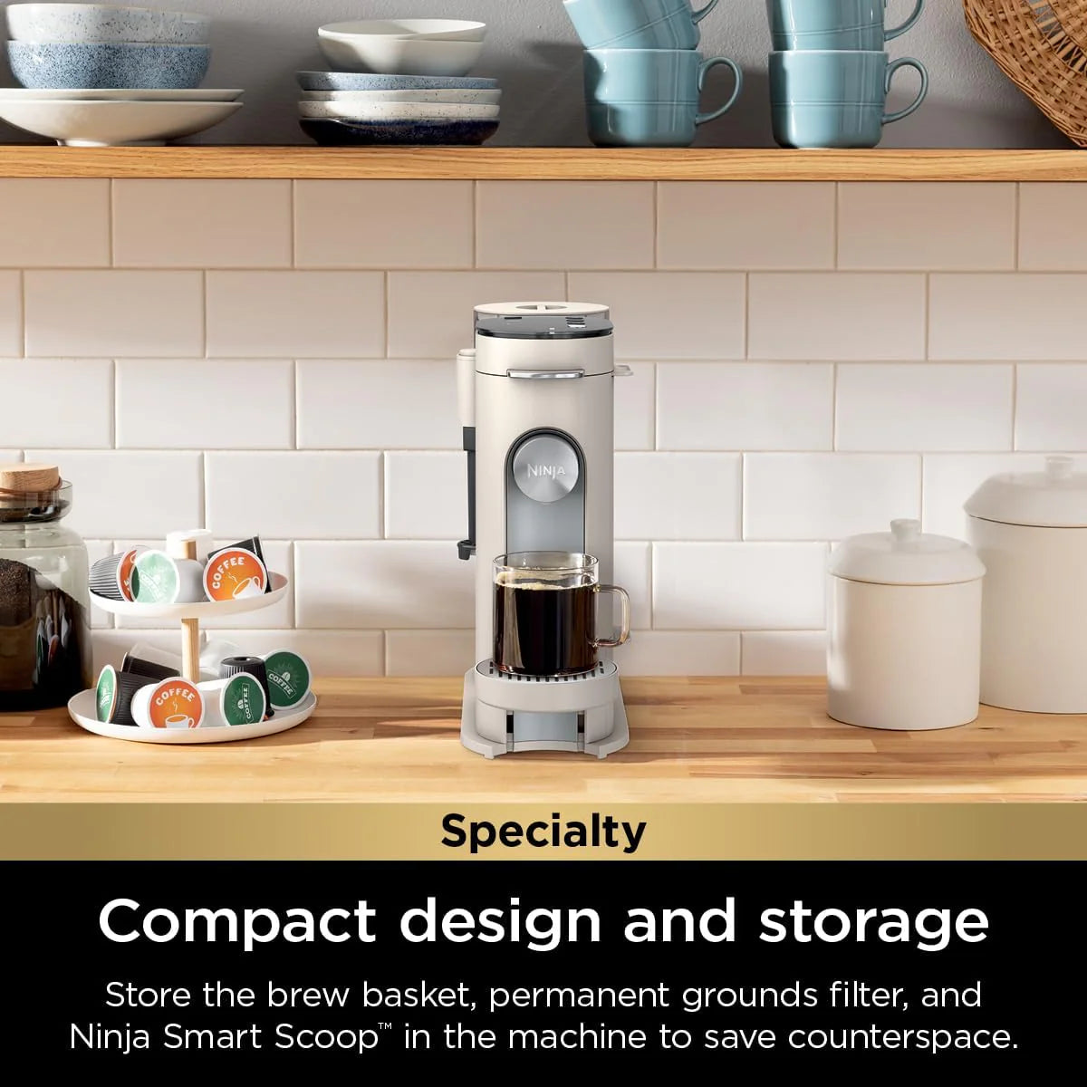 2026 Ninja Pods & Grounds Single-Serve Coffee Maker, K-Cup Pod Compatible, Brews Grounds, Compact Design, 56-oz. Reservoir, 6-oz. Cup to 24-oz. Travel Mug Brew Sizes, Iced Coffee Maker, Stone, PB041ST