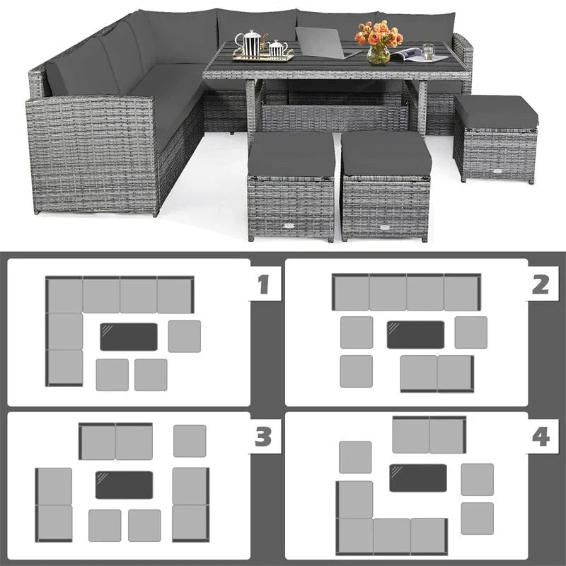 2026 7 Pcs Rattan Patio Dining Furniture Sectional Sofa Set with Dining Table, Ottomans & Cushions